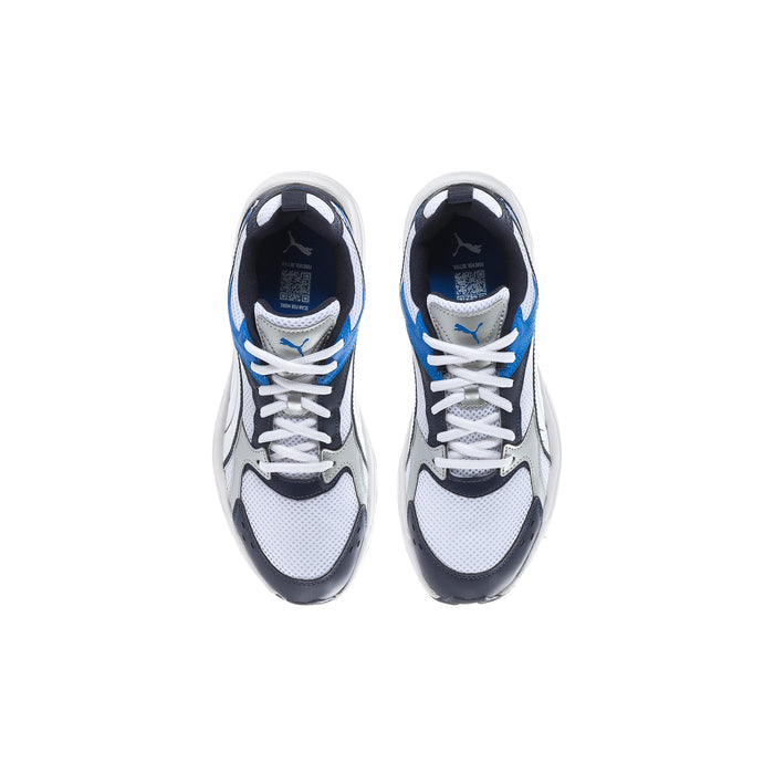 Pair of youth sneakers, top view, lace-up white with blue stripes and black toe caps