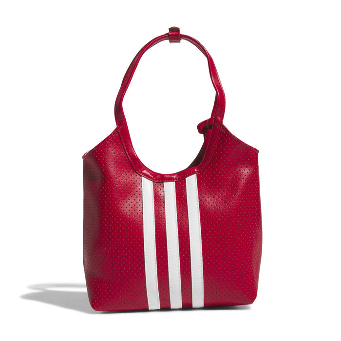 Mini perforated PU tote bag in red with white vertical stripes and loop handles