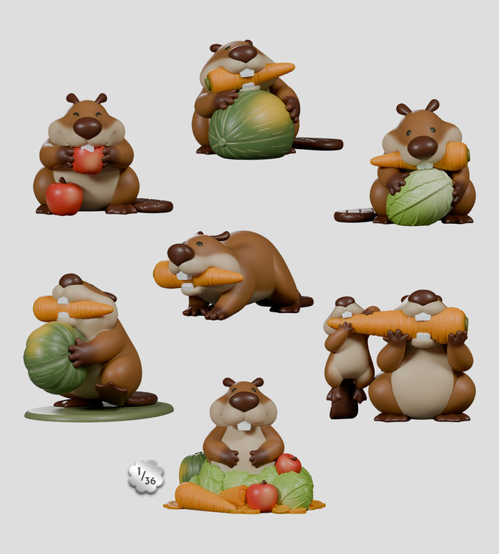 MISBEAVHAVING Blind Box featuring mischievous beavers collecting fruits and vegetables, with eco-friendly packaging. Includes six designs and one secret beaver. Ships May 2025.