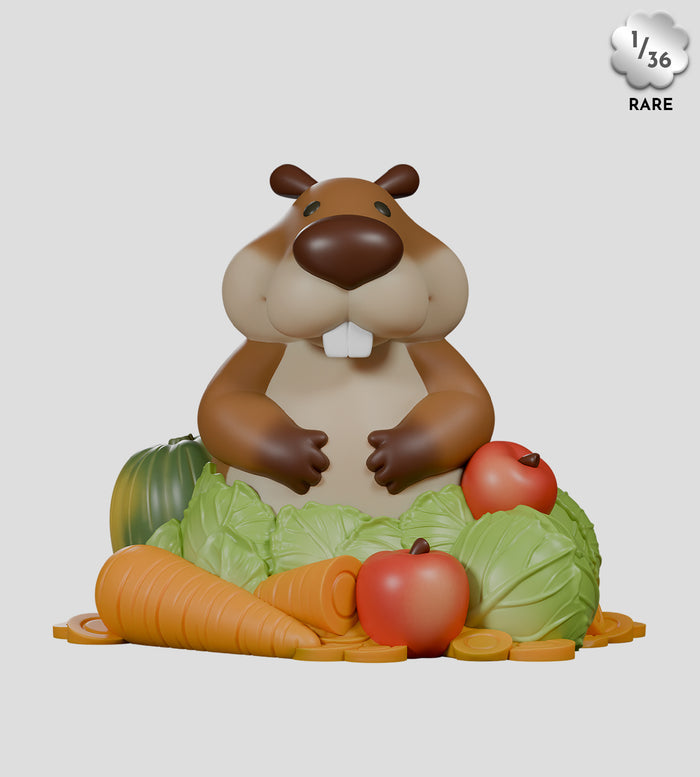 MISBEAVHAVING Blind Box featuring playful beaver figures with fruits and vegetables, made from PVC, part of a limited series with eco-friendly packaging.