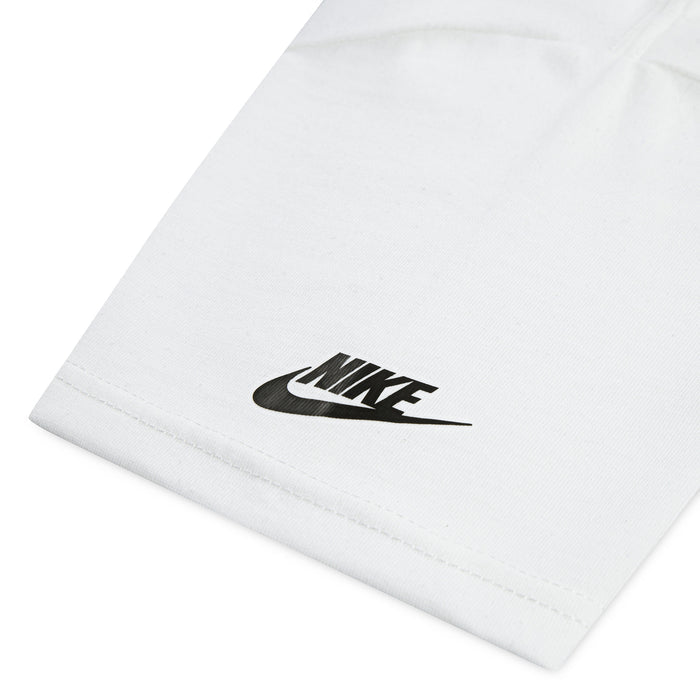 Youth white T-shirt with black Nike swoosh on lower hem