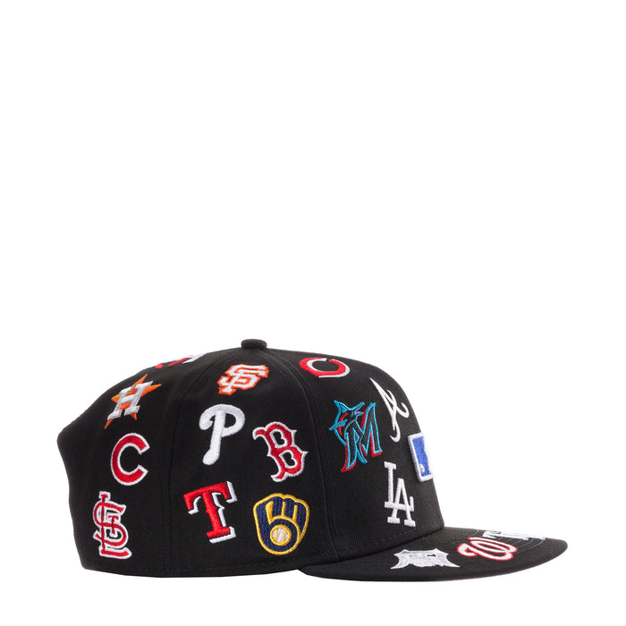 Black baseball cap side view with all-over embroidered MLB team logos
