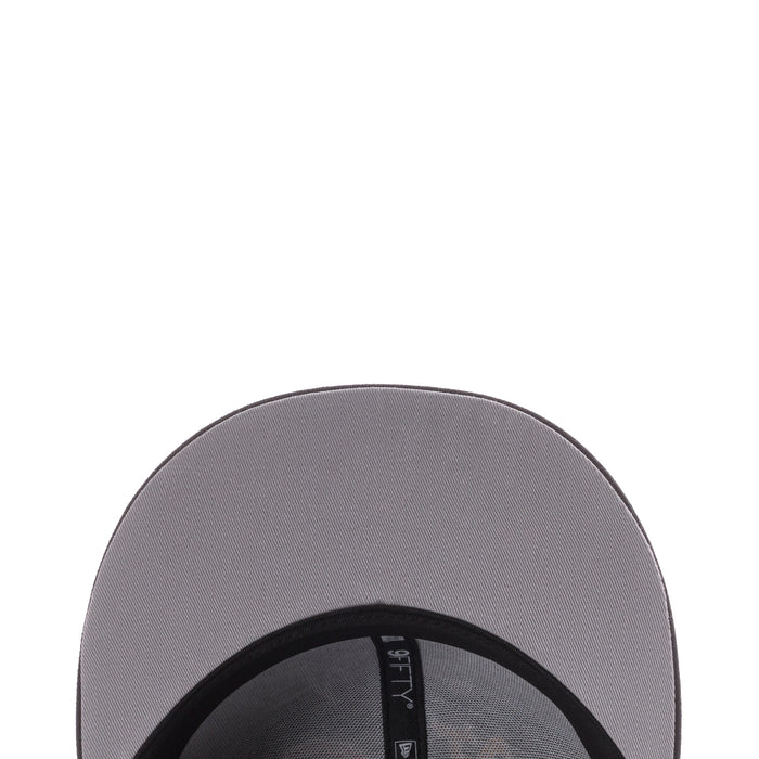 Baseball cap interior view with gray underside and black adjustable strapback