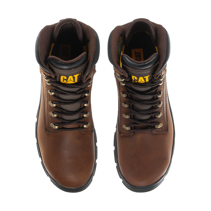 Dark brown lace-up boots, front view, padded collar and yellow CAT logo on tongue