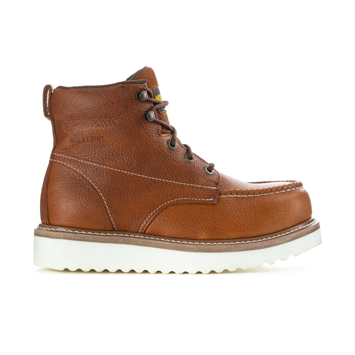 Brown leather moc-toe work boot with lace-up, stitched upper, and white rubber sole