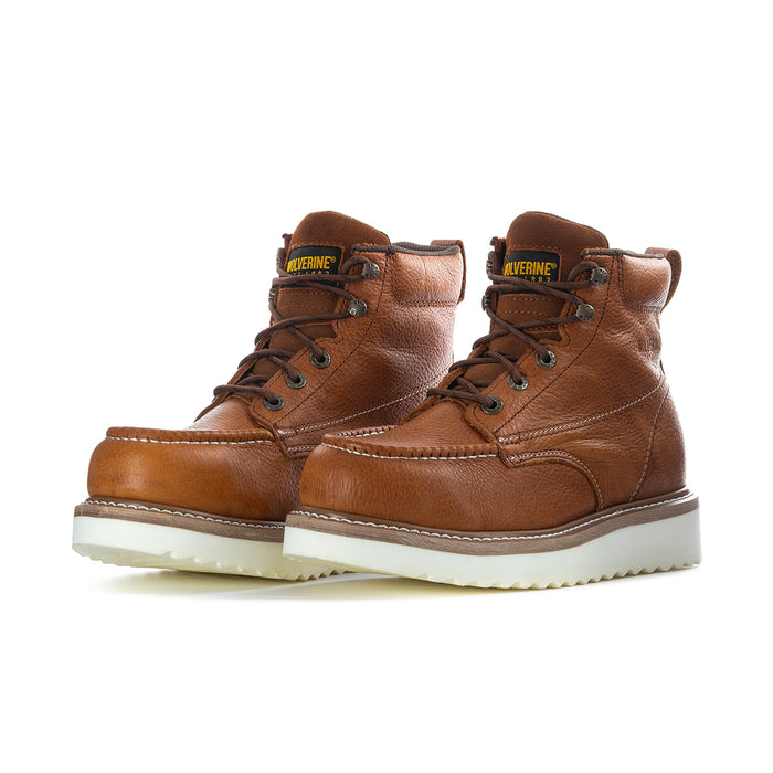 Pair of brown moc-toe lace-up work boots with stitched seams and white sole