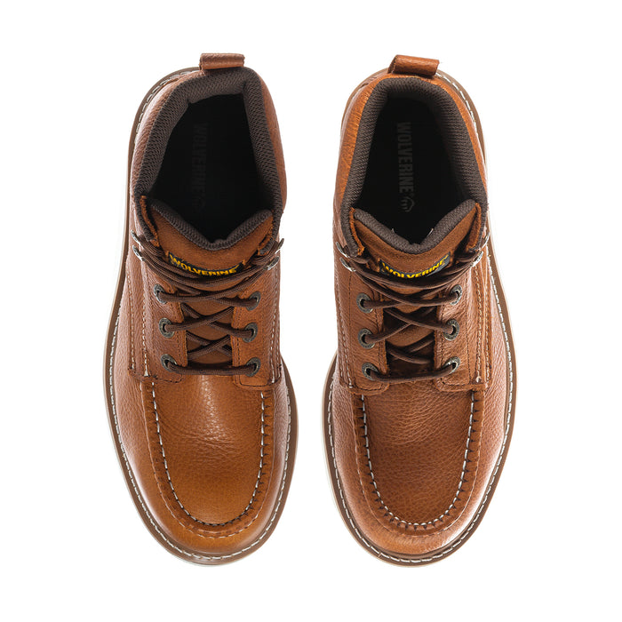 Brown moc-toe lace-up work boots with padded collar and white contrast sole