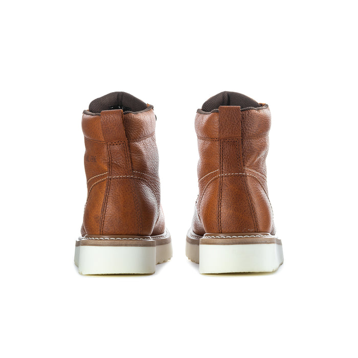 Brown moc-toe lace-up work boots with cushioned heel and white outsole