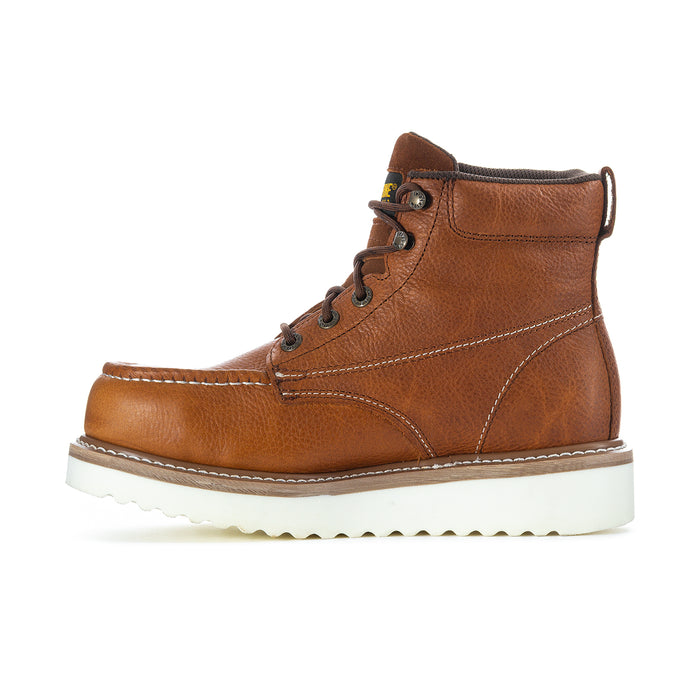 Brown leather moc-toe lace-up work boot with seam details and white sole