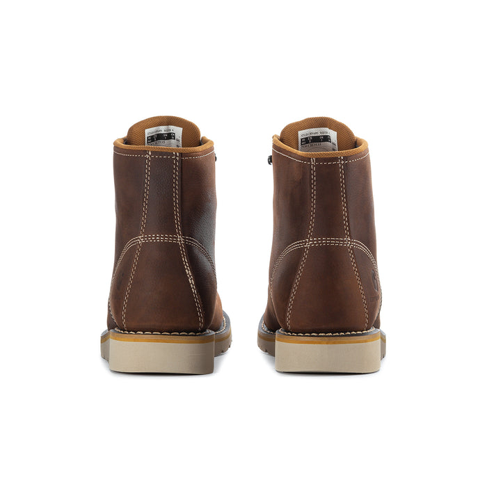 Brown men's 6-inch moc toe waterproof boots, back view with stitched heel panels