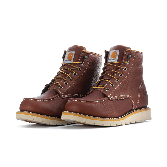 Pair of men's brown moc-toe 6" lace-up waterproof boots, angled side view