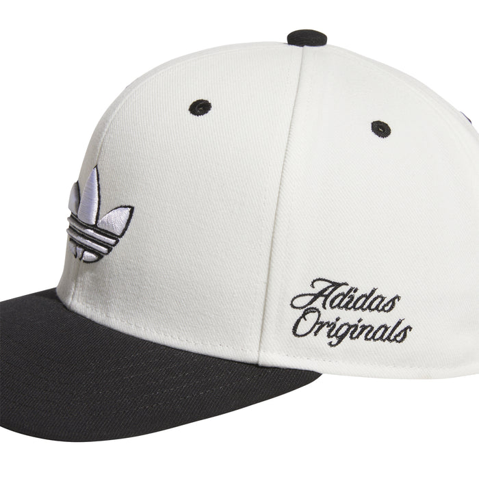 Off-white snapback cap with black underbrim; Adidas Originals and trefoil logo
