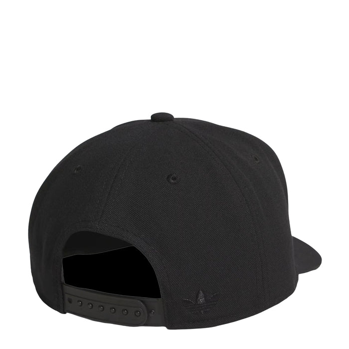 Black snapback cap back view with adjustable strap and perforated eyelets