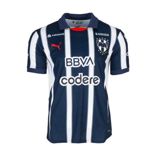 Men's Monterrey home jersey in navy with white vertical stripes and front sponsor logos