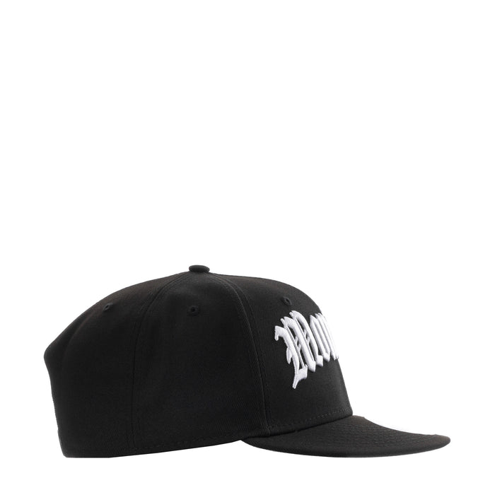 Black baseball cap with white script logo and curved brim