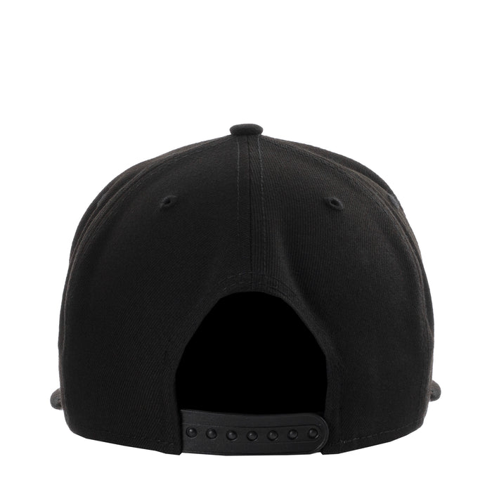 Black baseball cap with snapback strap, eyelets, and curved brim