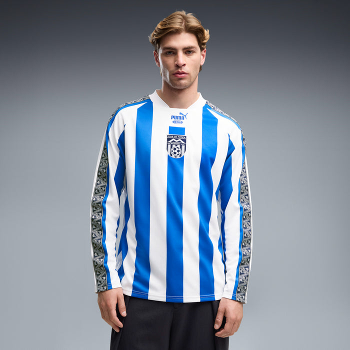 Men's long-sleeve blue-and-white striped soccer jersey with club crest and Puma logo