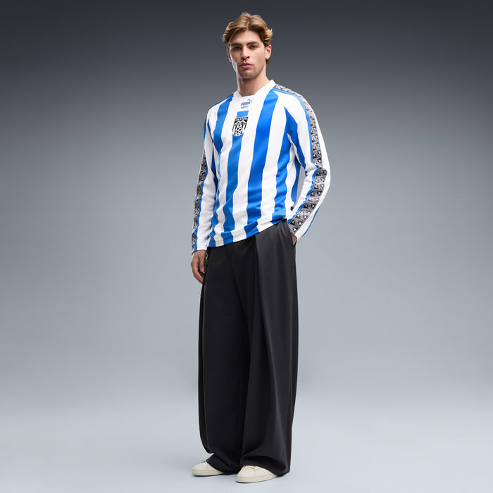 Men's long-sleeve blue-and-white striped soccer jersey with patterned shoulder panels