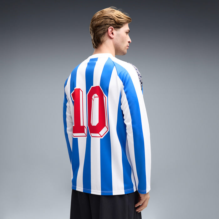 Men's long-sleeve jersey back view, blue-and-white stripes with red '10' print