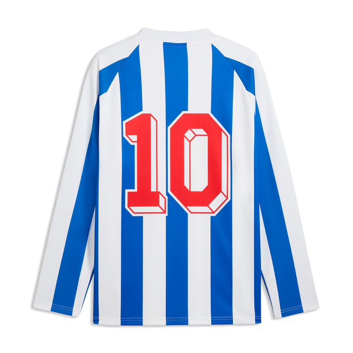 Men's long-sleeve jersey back view, blue-and-white stripes with large red '10' number