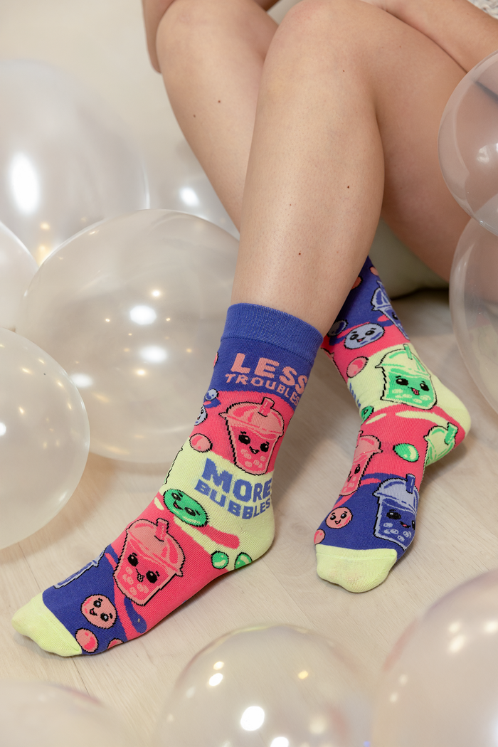 FUN CUTE BOBA BUBBLE TEA COLOURFUL PATTERN SOCKS WOMEN UPTOWN SOX