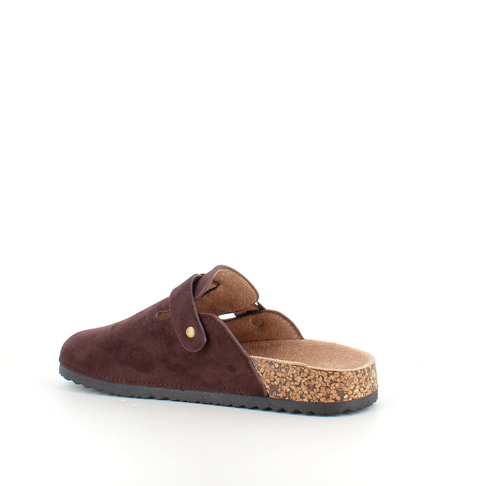 Mörkbrun slip-on sandal i textil med justerbart spänne