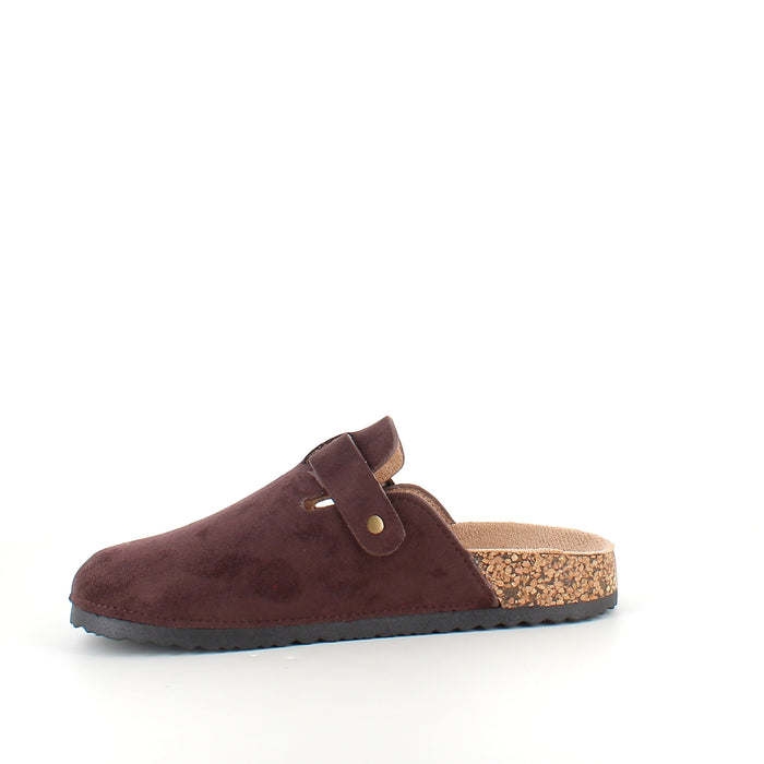 Mörkbrun slip-on sandal i textil med justerbart spänne