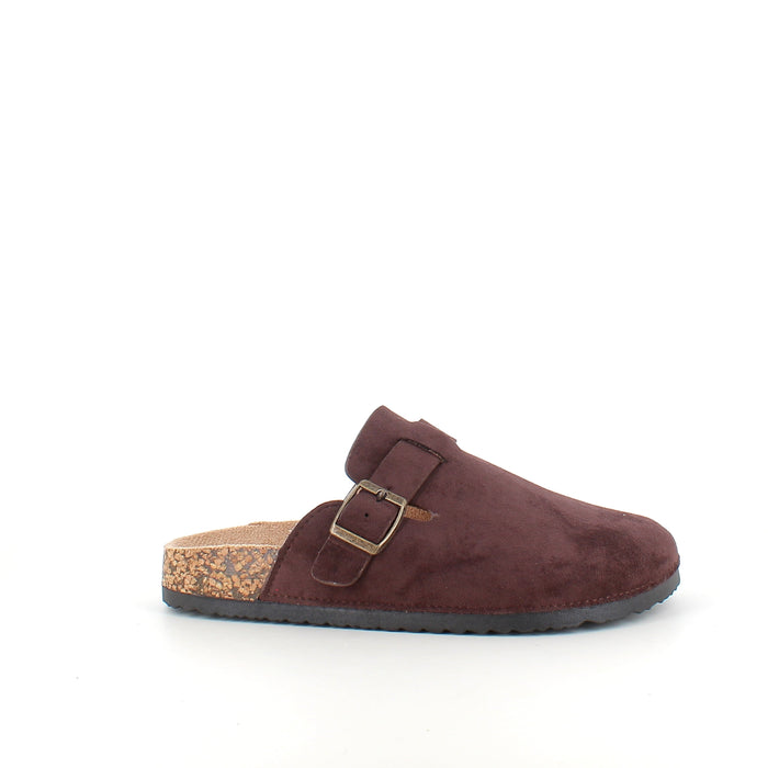 Mörkbrun slip-on sandal i textil med justerbart spänne