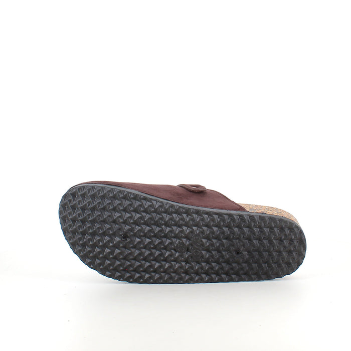Mörkbrun slip-on sandal i textil med justerbart spänne