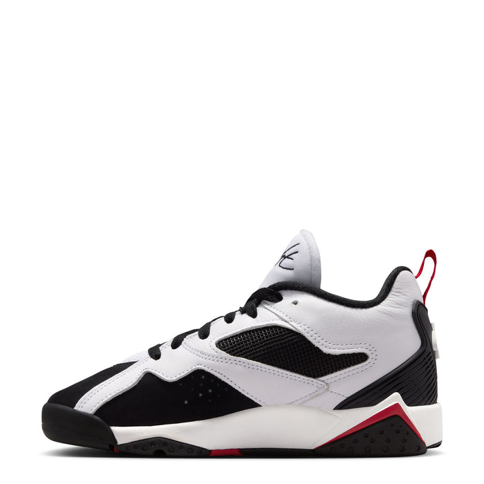 Youth lace-up sneaker with white overlays, black mesh panels, and red accent details
