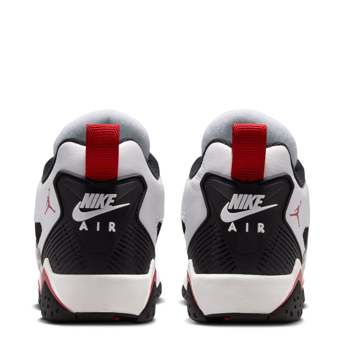 Youth sneakers heel view with red heel tabs and NIKE AIR branding on black panels