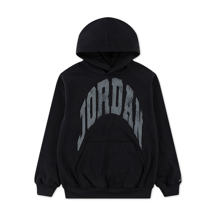 Youth black fleece pullover hoodie with large 'JORDAN' front graphic