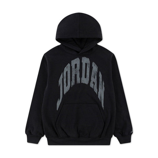 Youth black fleece pullover hoodie with large 'JORDAN' front graphic