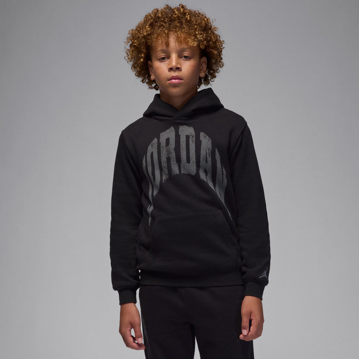 Youth black fleece hoodie with 'JORDAN' logo print on chest, front view