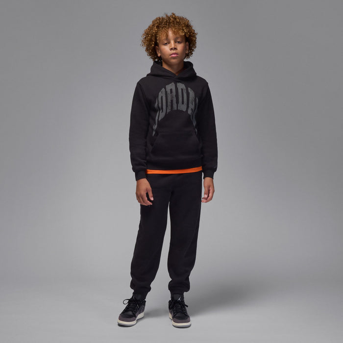 Youth black fleece pullover hoodie with front 'JORDAN' print and hood