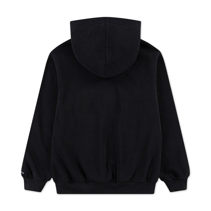 Youth black fleece pullover hoodie back view, full length, hooded