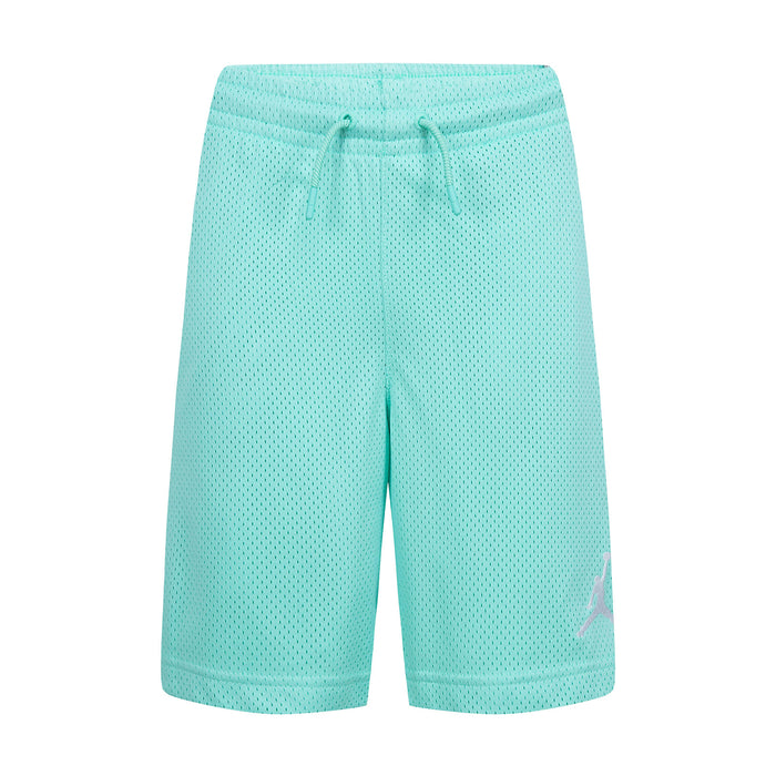 Youth mesh athletic shorts in turquoise/teal with drawstring waist and relaxed fit