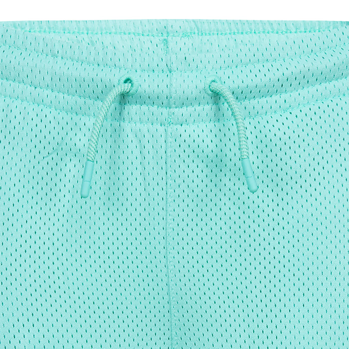 Turquoise/teal mesh shorts with drawstring waist and elastic waistband