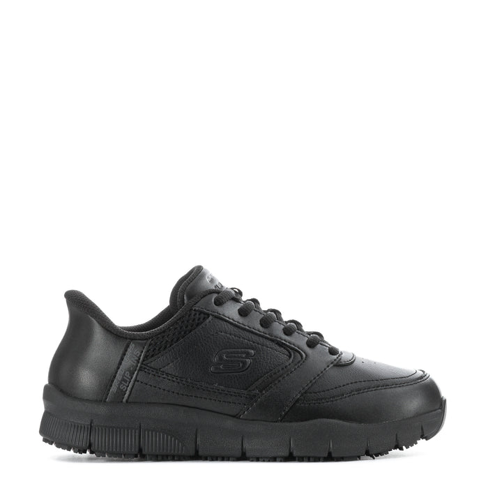 Black women's slip-in sneakers, lace-up with padded collar and chunky tread sole