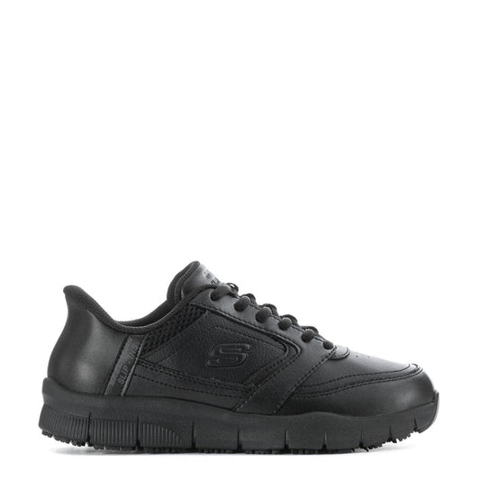 Black women's slip-in sneakers, lace-up with padded collar and chunky tread sole