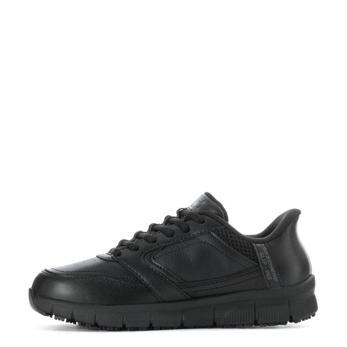 Black lace-up sneakers with cushioned upper and side logo detail, chunky rubber sole