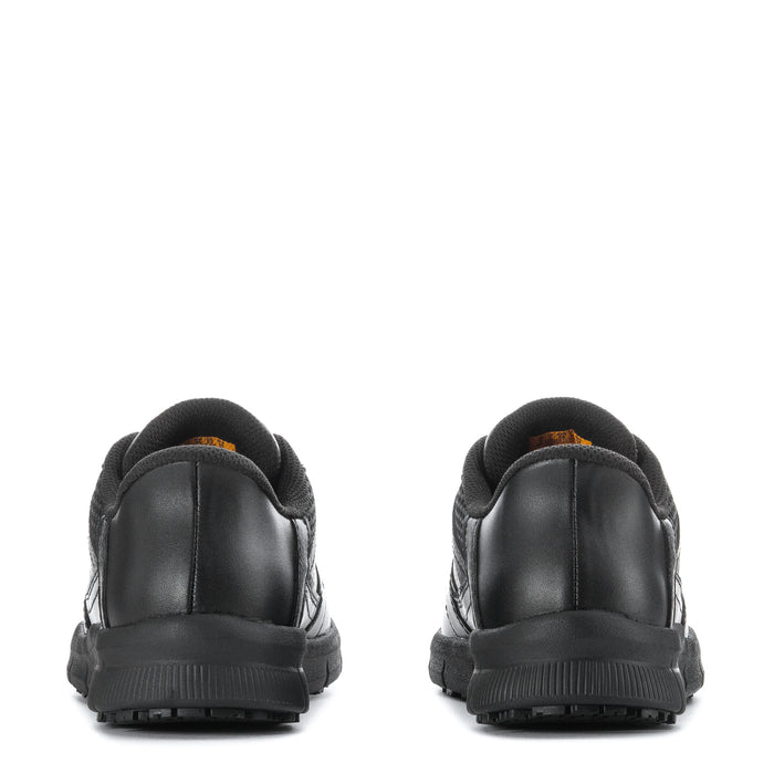 Black women's slip-in sneakers, rear view showing heel tab and cushioned back collar