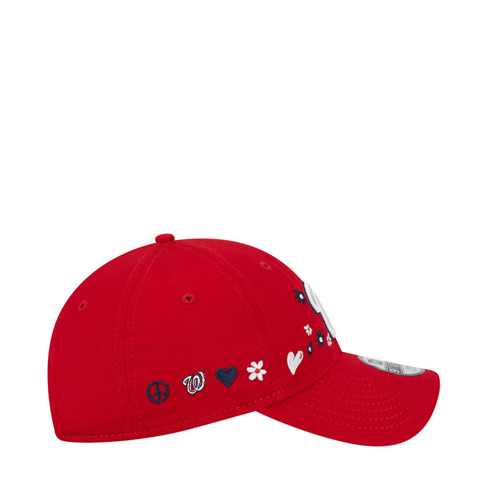 Kids red baseball cap with side embroidered Washington W, flowers, and hearts