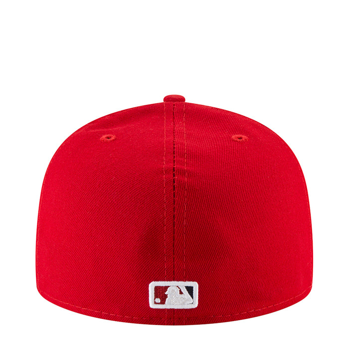 Red baseball cap back view with MLB logo patch at center