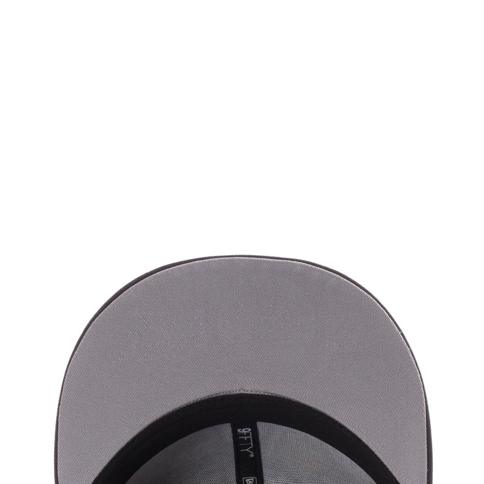 Cap brim underside in gray with black trim and textured fabric