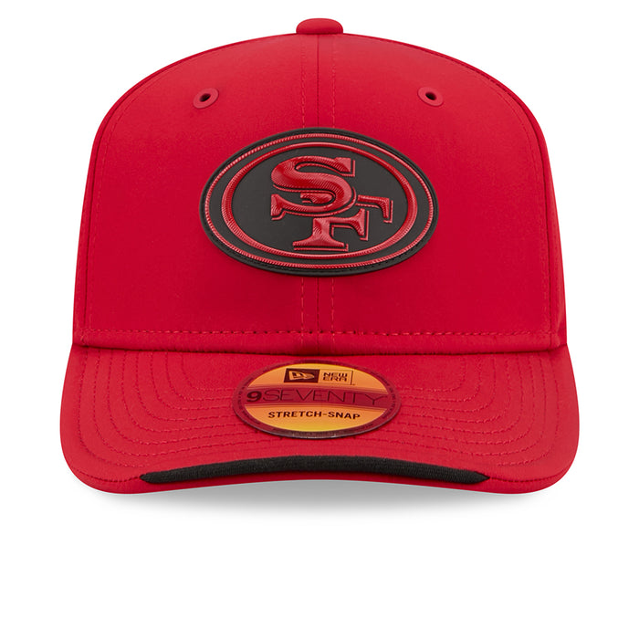 Red 49ers stretch-snap sideline cap with embroidered SF logo and black-trim brim