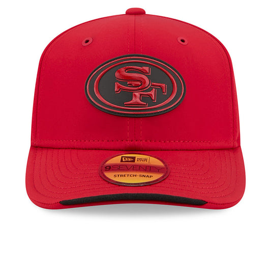 Red 49ers stretch-snap sideline cap with embroidered SF logo and black-trim brim