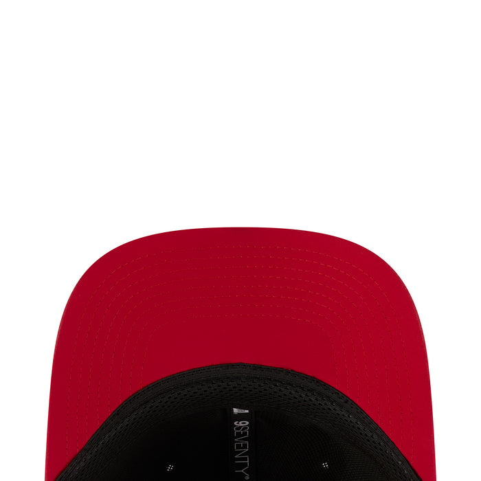 Red 49ers cap underside view with black mesh lining and stitched eyelets