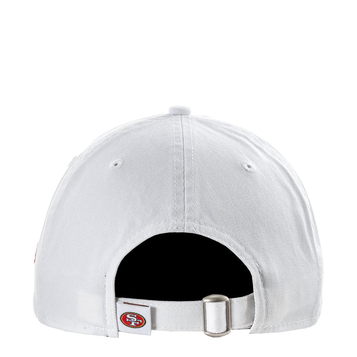 White 49ers fan cap with adjustable metal strap at back opening