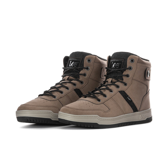 Men's high-top sneakers, driftwood suede with black eyelet panel and thick sole